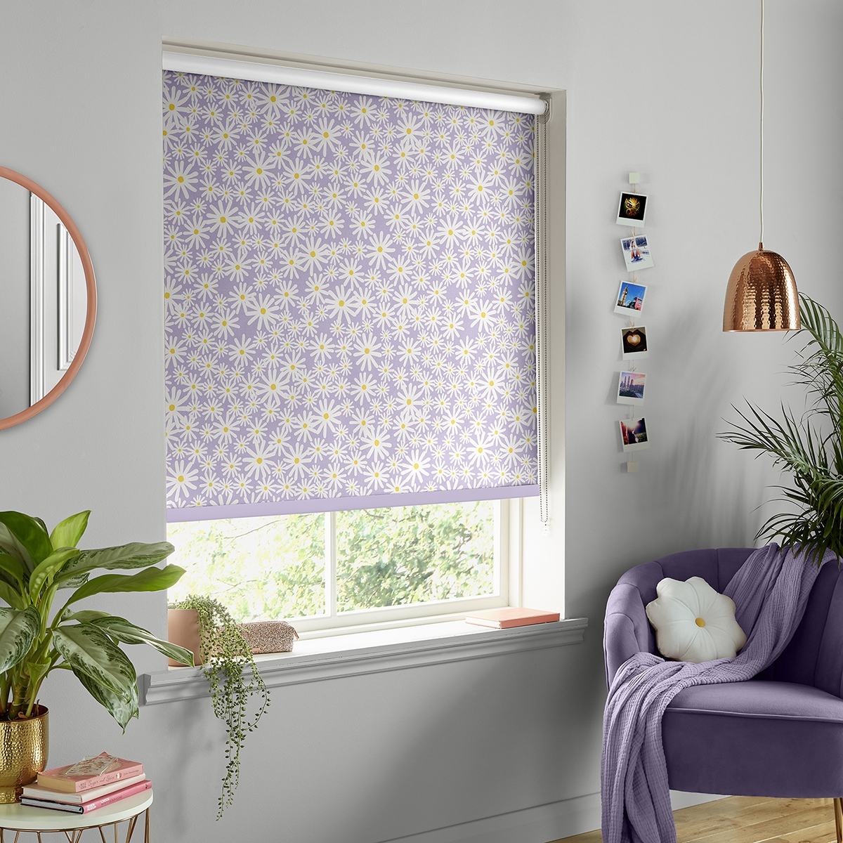 Product photograph of Skinny Dip Daisy Lilac Roller Blind from Choice Furniture Superstore.